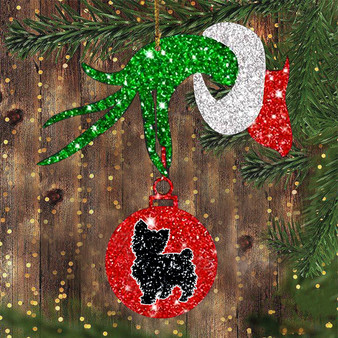 Yorkie Green Hand Holding Ornament Cute Dog Red Glitter Ball Ornament Christmas Tree Decor