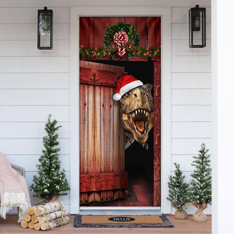 T-Rex Santa Claus Door Cover Funny Dinosaur Welcome Door Cover For Front Door Decorating