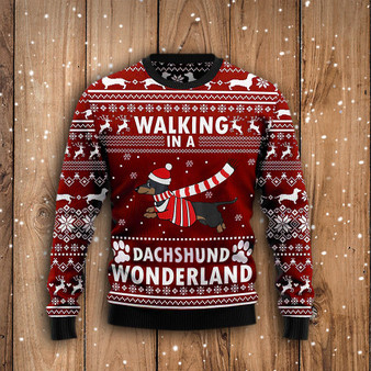 Walking In A Dachshund Wonderland Sweatshirt Green Ugly Christmas Sweater Weiner Dog Gifts