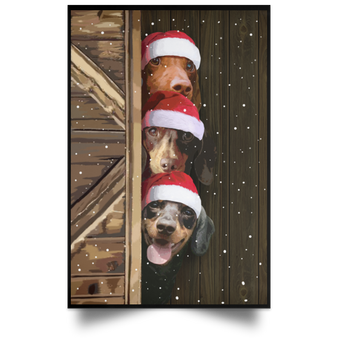 Sneaky Dachshunds Peeking Through Door Poster Cute Dog Snow Falling Poster Christmas Gifts