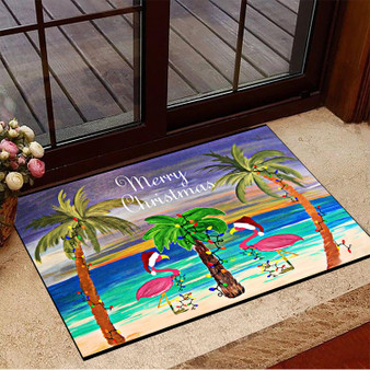 Merry Christmas Santa Flamingo Trim A Tree Beach Door Mat Indoor Mat For Front Door House Decor