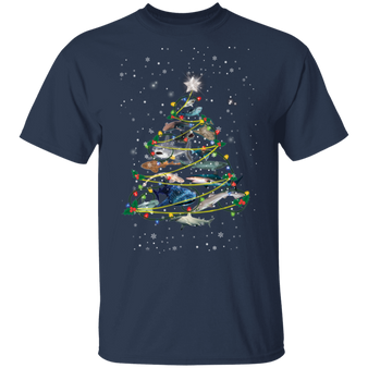 Shark Christmas Tree T-Shirt Falling Snowflake Xmas Shirt Designs, Gifts For Shark Lovers