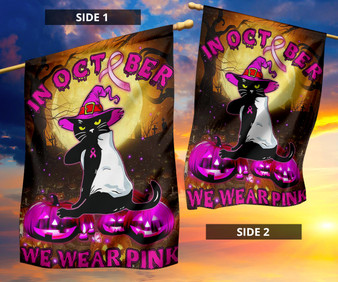 Black Cat In October We Wear Pink Flag Breast Cancer Halloween Welcome Home Decor For Women