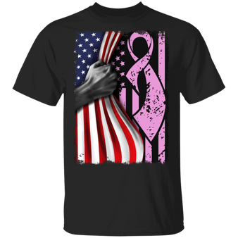 Pink Ribbon Breast Cancer Inside US Flag T-Shirt Breast Cancer Awareness Shirt Pride Gifts