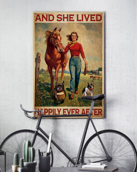 Girl With Horse And Frenchie Dogs Happily Ever After Vintage Poster Gift Ideas For Women