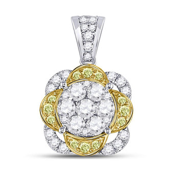Diamond Cluster Pendant |  14kt White Gold Womens Round Yellow Diamond Flower Cluster Pendant 1 Cttw |  Splendid Jewellery