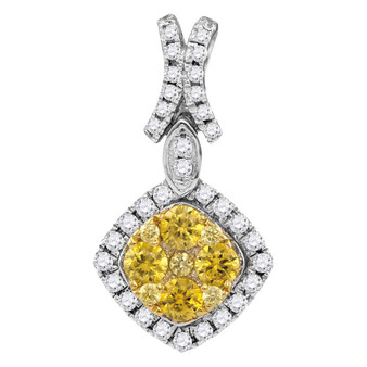 Diamond Cluster Pendant |  14kt White Gold Womens Round Yellow Diamond Diagonal Square Frame Cluster Pendant 1 Cttw |  Splendid Jewellery