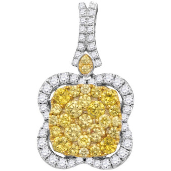 Diamond Fashion Pendant |  14kt White Gold Womens Round Yellow Diamond Quatrefoil Frame Cluster Pendant 1-5/8 Cttw |  Splendid Jewellery