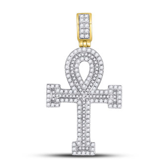 Men's Diamond Charm Pendant |  14kt Yellow Gold Mens Round Diamond Ankh Cross Charm Pendant 1-5/8 Cttw |  Splendid Jewellery