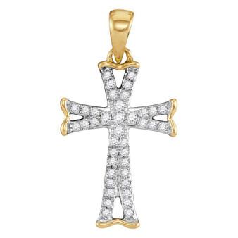 Diamond Cross Pendant |  14kt Yellow Gold Womens Round Diamond Flared Cross Pendant 1/8 Cttw |  Splendid Jewellery