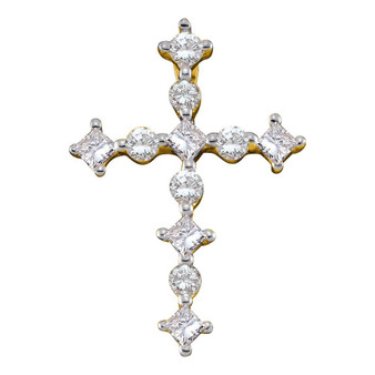 Diamond Cross Pendant |  14kt Yellow Gold Womens Princess Round Diamond Cross Religious Pendant 1/2 Cttw |  Splendid Jewellery
