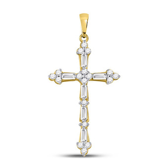 Diamond Cross Pendant |  10kt Yellow Gold Womens Round Baguette Diamond Cross Pendant 1/2 Cttw |  Splendid Jewellery
