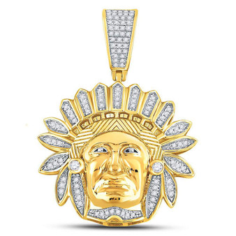 Men's Diamond Charm Pendant |  10kt Yellow Gold Mens Round Diamond Native American Chief Charm Pendant 1/3 Cttw |  Splendid Jewellery