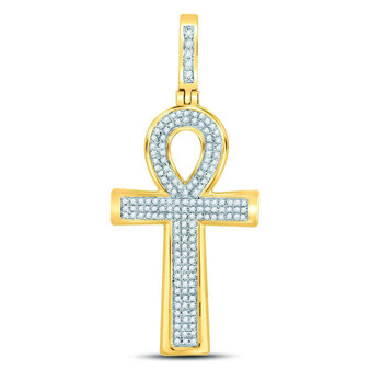 Men's Diamond Charm Pendant |  10kt Yellow Gold Mens Round Diamond Ankh Cross Charm Pendant 1/3 Cttw |  Splendid Jewellery