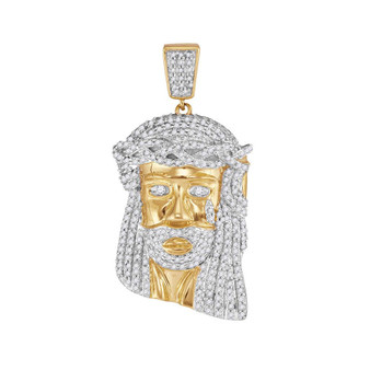 Men's Diamond Charm Pendant |  10kt Yellow Gold Mens Round Diamond Jesus Face Charm Pendant 7/8 Cttw |  Splendid Jewellery