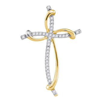 Diamond Cross Pendant |  10kt Yellow Gold Womens Round Diamond Curved Cross Pendant 1/10 Cttw |  Splendid Jewellery