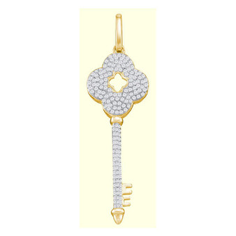 Diamond Key Pendant |  10kt Yellow Gold Womens Round Diamond Quatrefoil Key Pendant 1/2 Cttw |  Splendid Jewellery