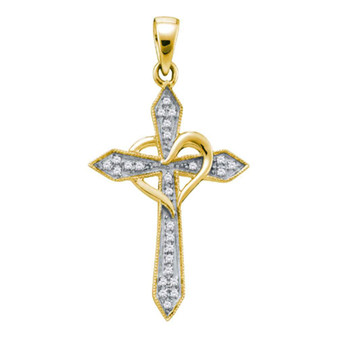 Diamond Cross Pendant |  10kt Yellow Gold Womens Round Diamond Cross Heart Pendant 1/10 Cttw |  Splendid Jewellery