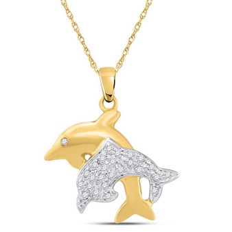 Diamond Animal & Bug Pendant |  10kt Yellow Gold Womens Round Diamond Double Dolphin Fish Animal Pendant 1/8 Cttw |  Splendid Jewellery