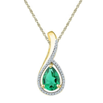 Gemstone Fashion Pendant |  10kt Yellow Gold Womens Pear Lab-Created Emerald Solitaire Diamond Pendant 2 Cttw |  Splendid Jewellery