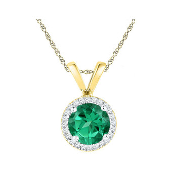 Gemstone Fashion Pendant |  10k Yellow Gold Womens Lab-Created Emerald Solitaire & Diamond Halo Pendant 7/8 Cttw |  Splendid Jewellery