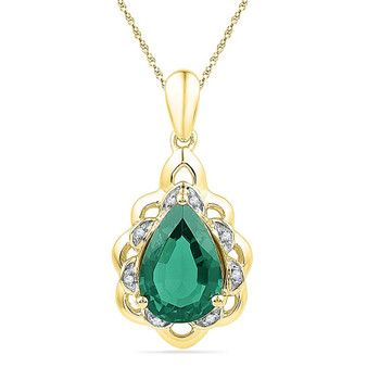 Gemstone Fashion Pendant |  10kt Yellow Gold Womens Pear Lab-Created Emerald Solitaire Diamond Pendant 3-3/8 Cttw |  Splendid Jewellery