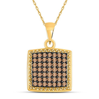 Diamond Fashion Pendant |  10kt Yellow Gold Womens Round Brown Diamond Square Pendant 1/2 Cttw |  Splendid Jewellery