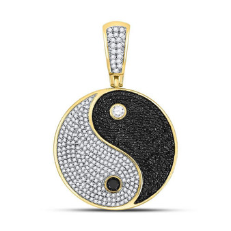 Men's Diamond Charm Pendant |  10kt Yellow Gold Mens Round Black Color Enhanced Diamond Yin Yang Charm Pendant 1-3/4 Cttw |  Splendid Jewellery