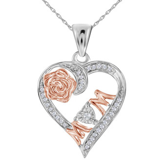 Diamond For Mom Pendant |  Sterling Silver Womens Round Diamond Rose-tone Mom Mother Heart Pendant 1/8 Cttw |  Splendid Jewellery