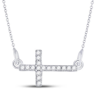 Diamond Pendant Necklace |  Sterling Silver Womens Round Diamond Horizontal Sideways Cross Necklace 1/10 Cttw |  Splendid Jewellery