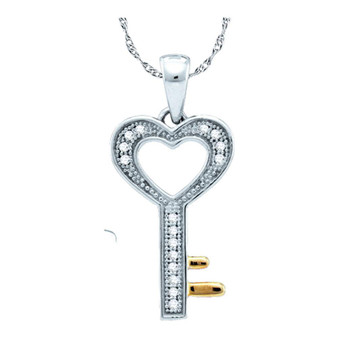 Diamond Key Pendant |  Sterling Silver Womens Round Diamond Heart Key Love Pendant 1/20 Cttw |  Splendid Jewellery