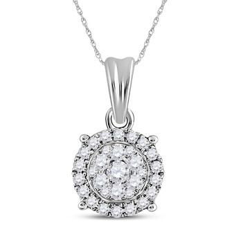 Diamond Cluster Pendant |  14kt White Gold Womens Round Diamond Halo Cluster Pendant 1/4 Cttw |  Splendid Jewellery