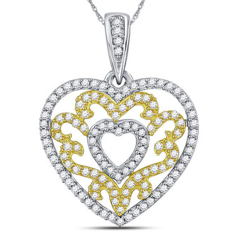 Diamond Heart & Love Symbol Pendant |  10kt Yellow Gold Womens Round Diamond Nested Curl Heart Pendant 1/2 Cttw |  Splendid Jewellery