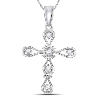 Diamond Cross Pendant |  10kt White Gold Womens Round Diamond Scalloped Cross Pendant 1/12 Cttw |  Splendid Jewellery