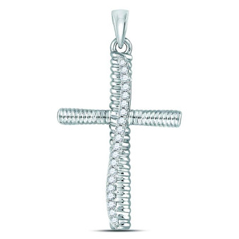 Diamond Cross Pendant |  10kt White Gold Womens Round Diamond Textured Cross Pendant 1/6 Cttw |  Splendid Jewellery