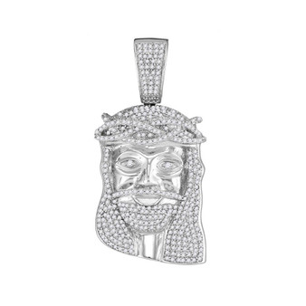 Men's Diamond Charm Pendant |  10kt White Gold Mens Round Diamond Jesus Face Charm Pendant 1-1/5 Cttw |  Splendid Jewellery