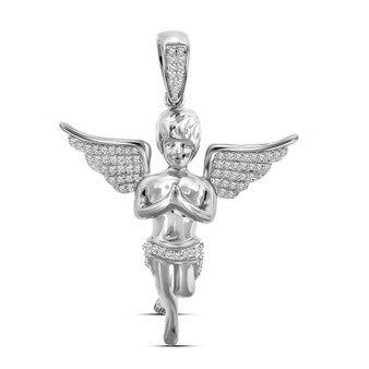 Men's Diamond Charm Pendant |  10kt White Gold Mens Round Diamond Angel Religious Charm Pendant 1/4 Cttw |  Splendid Jewellery