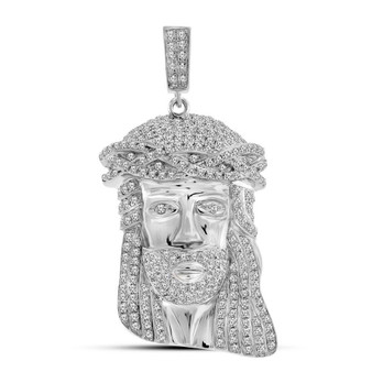 Men's Diamond Charm Pendant |  10kt White Gold Mens Round Diamond Jesus Face Charm Pendant 1-1/4 Cttw |  Splendid Jewellery