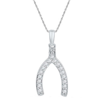 Diamond Horseshoe & Lucky Pendant |  10k White Gold Womens Round Diamond Lucky Wishbone Fortune Pendant 1/6 Cttw |  Splendid Jewellery