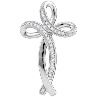 Diamond Cross Pendant |  10kt White Gold Womens Round Diamond Rounded Cross Pendant 1/10 Cttw |  Splendid Jewellery