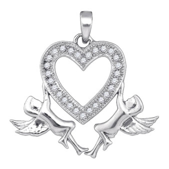 Diamond Heart & Love Symbol Pendant |  10kt White Gold Womens Round Diamond Heart Angel Cherub Pendant 1/10 Cttw |  Splendid Jewellery