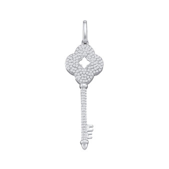 Diamond Key Pendant |  10kt White Gold Womens Round Diamond Quatrefoil Key Pendant 1/2 Cttw |  Splendid Jewellery