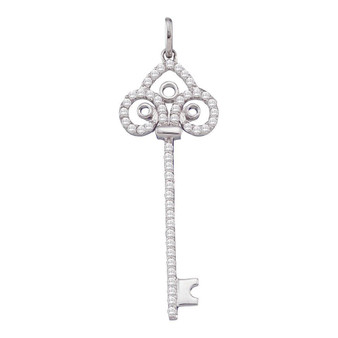 Diamond Key Pendant |  10kt White Gold Womens Round Diamond Slender Trefoil Key Love Pendant 1/2 Cttw |  Splendid Jewellery