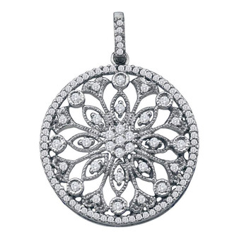 Diamond Circle Pendant |  10kt White Gold Womens Round Diamond Antique-style Circle Pendant 1/2 Cttw |  Splendid Jewellery