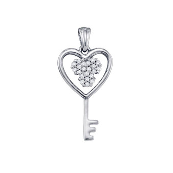 Diamond Key Pendant |  10kt White Gold Womens Round Diamond Cluster Key Heart Pendant 1/12 Cttw |  Splendid Jewellery