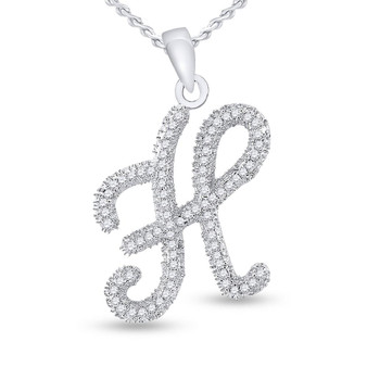Diamond Initial & Letter Pendant |  10kt White Gold Womens Round Diamond Cursive Letter H Pendant 1/5 Cttw |  Splendid Jewellery