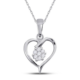 Diamond Heart & Love Symbol Pendant |  10kt White Gold Womens Round Diamond Flower Cluster Heart Pendant 1/12 Cttw |  Splendid Jewellery