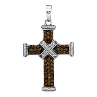 Diamond Cross Pendant |  Sterling Silver Womens Round Brown Diamond Cross Pendant 1/4 Cttw |  Splendid Jewellery