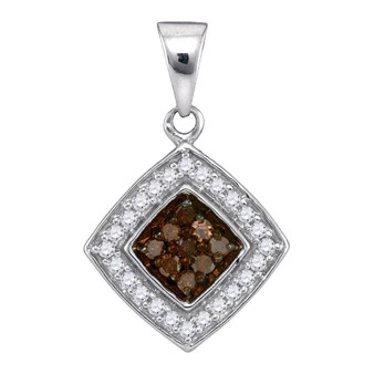 Diamond Fashion Pendant |  10kt White Gold Womens Round Brown Diamond Square Pendant 1/4 Cttw |  Splendid Jewellery