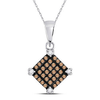 Diamond Fashion Pendant |  10kt White Gold Womens Round Brown Diamond Square Pendant 1/6 Cttw |  Splendid Jewellery